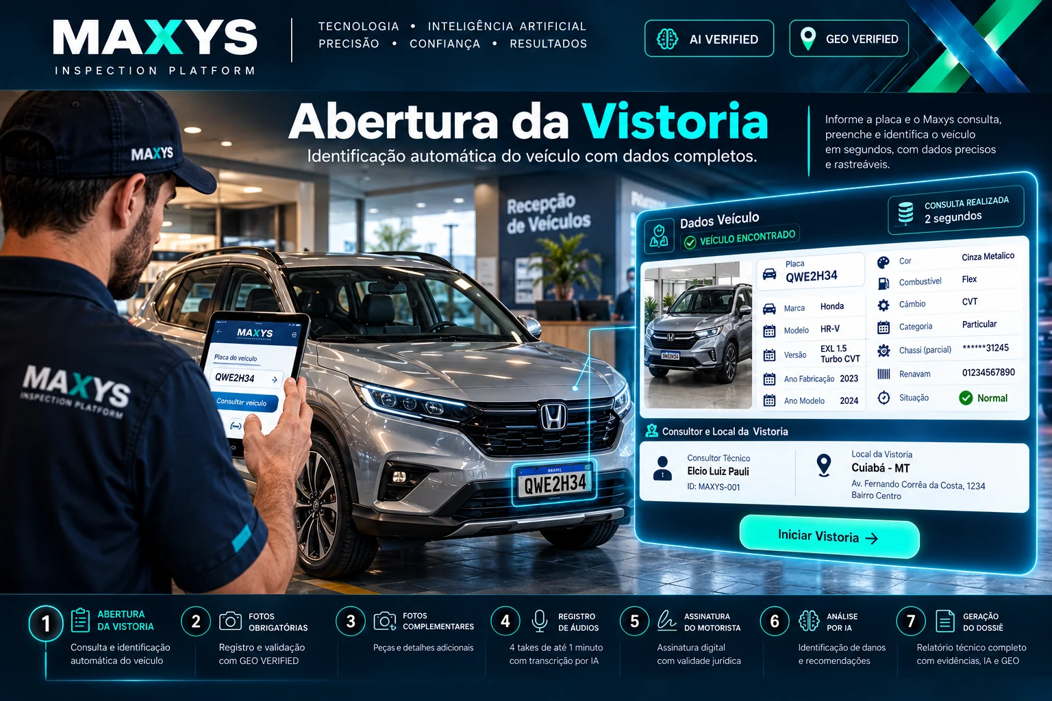 Consultor iniciando uma vistoria com consulta demonstrativa de dados de um veículo