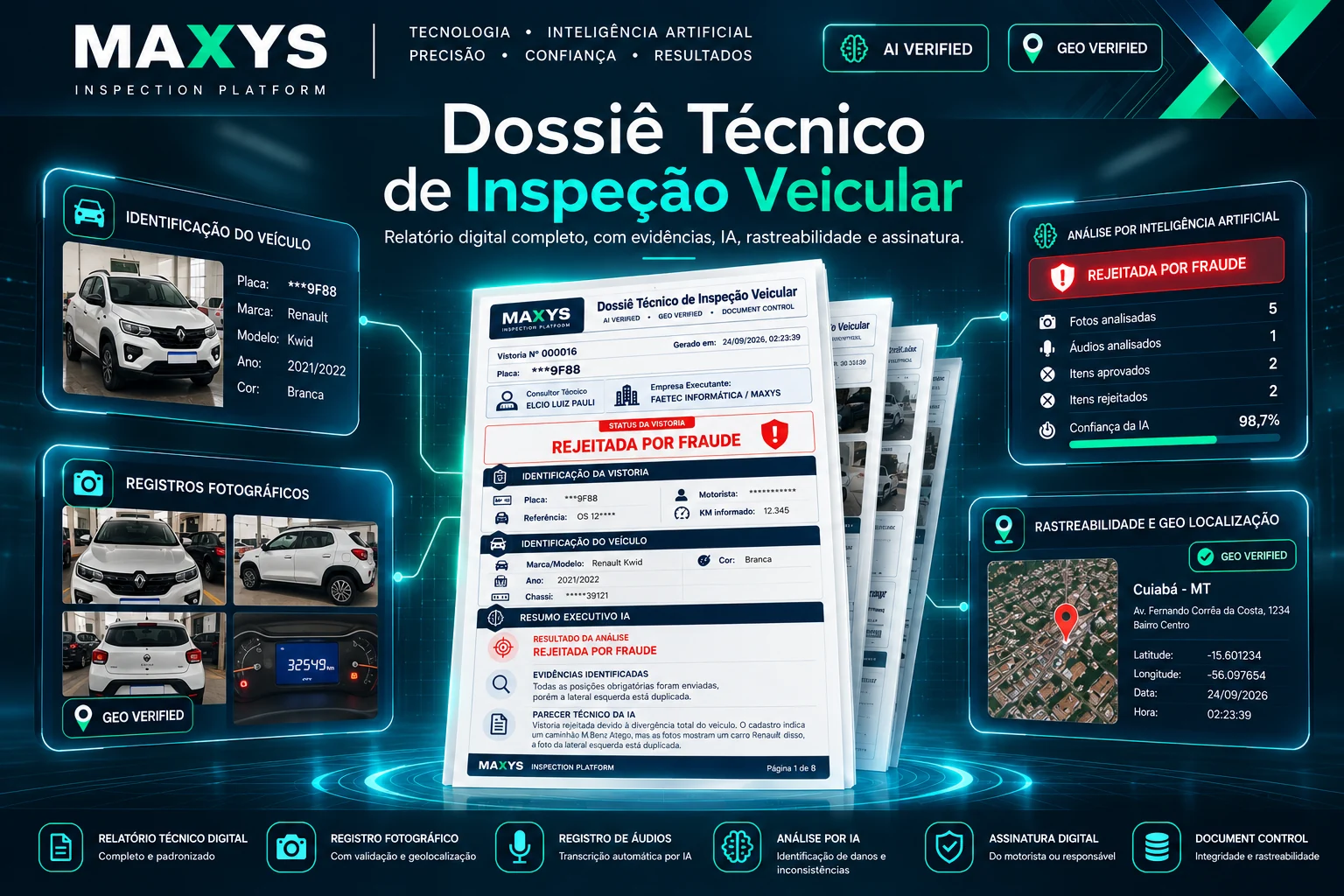 Composição demonstrativa do Dossiê Técnico MAXYS com cartões de evidências