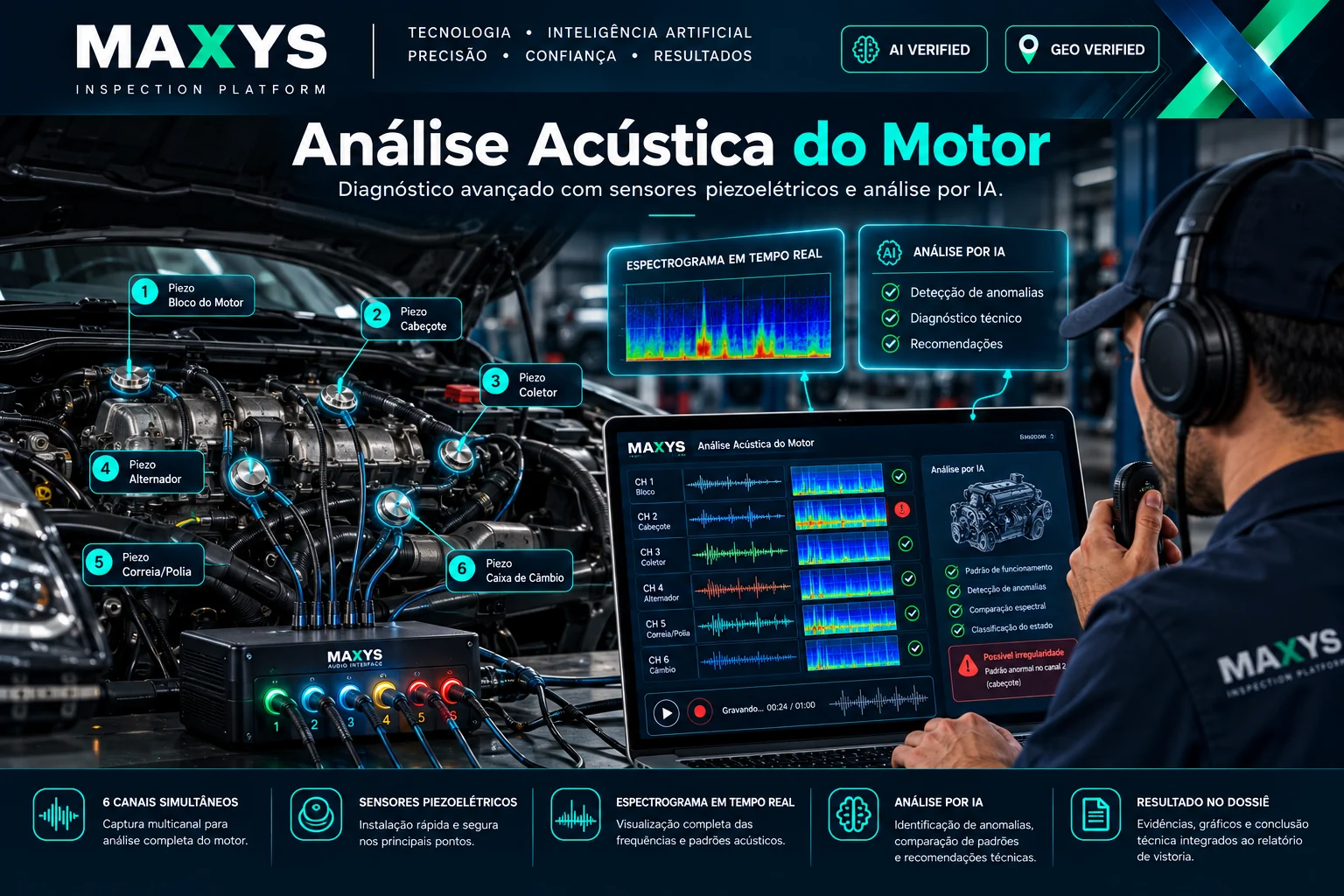 Conceito visual da análise acústica de motor MAXYS